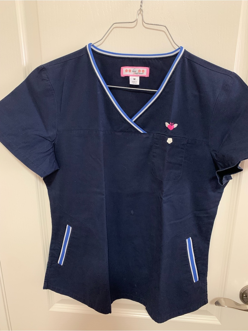 Navy V-Neck Women's Top with Blue Trim